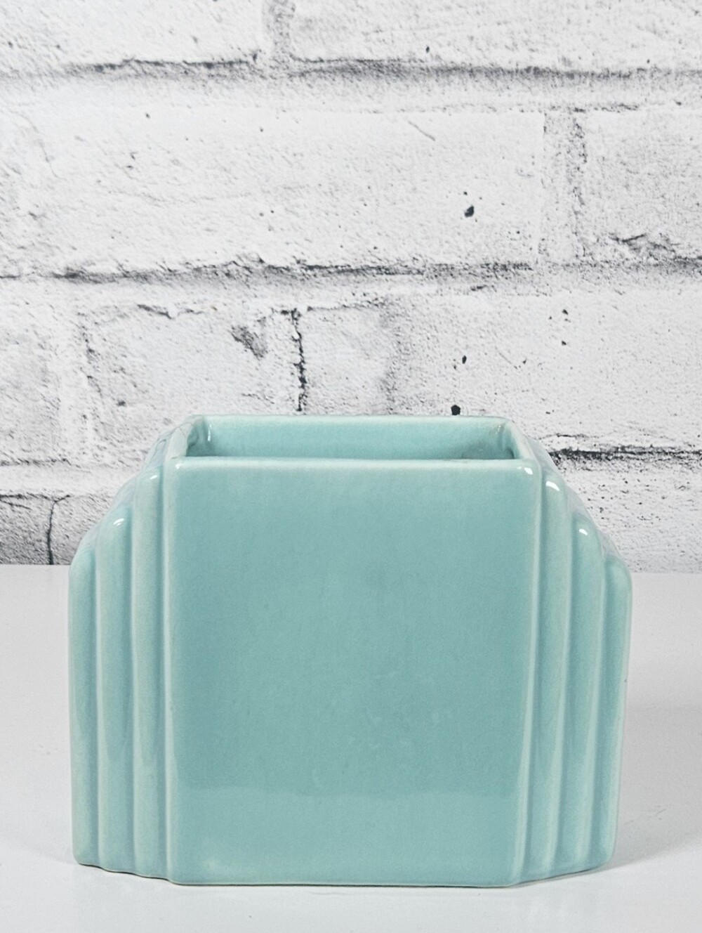 Vintage Art Deco Aqua Ceramic Planter Vase Ribbed Geometric Pottery